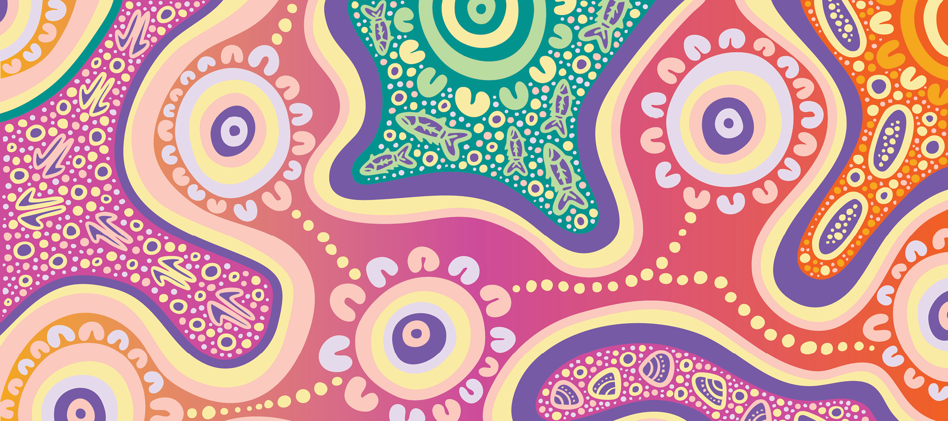 A vibrant, abstract pattern featuring a variety of colorful, organic shapes and patterns, creating a visually striking and dynamic composition. Artwork Credit: Christine Slabb Designs