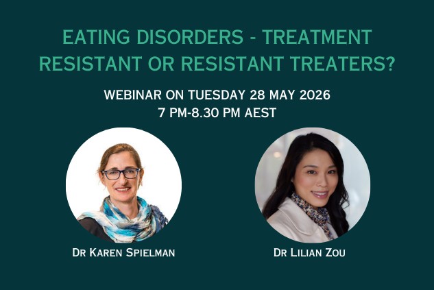 Two women, Dr. Karen Spielman and Dr. Lilian Zou, are featured in circular portraits against a dark teal background with text about a webinar on eating disorders.