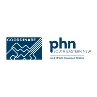A blue graphic with white lines representing a network is on the left, while the right side features the "phn SOUTH EASTERN NSW" logo with "An Australian Government Initiative" below.