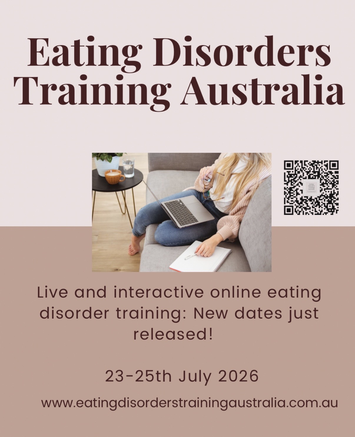 A woman sits on a couch with a laptop and notebook in the foreground, while the background displays text announcing "Eating Disorders Training Australia" and event details.