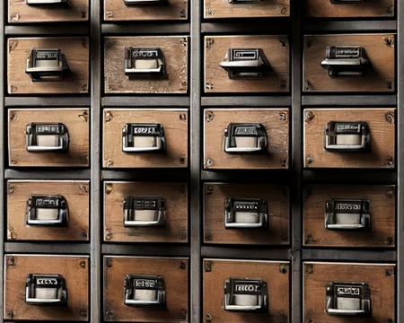 A grid of small wooden drawers with metal pulls fills the frame, each drawer front displaying a label with a series of numbers.