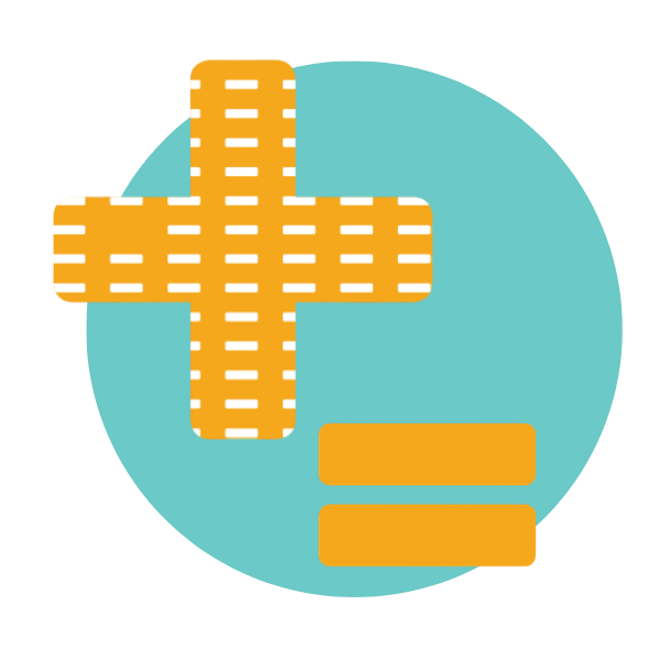 An orange plus sign and two orange horizontal bars are superimposed on a teal circle.