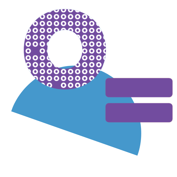 A purple and white patterned circle sits atop a blue semi-circle, with two purple rectangles to the right, against a white background.