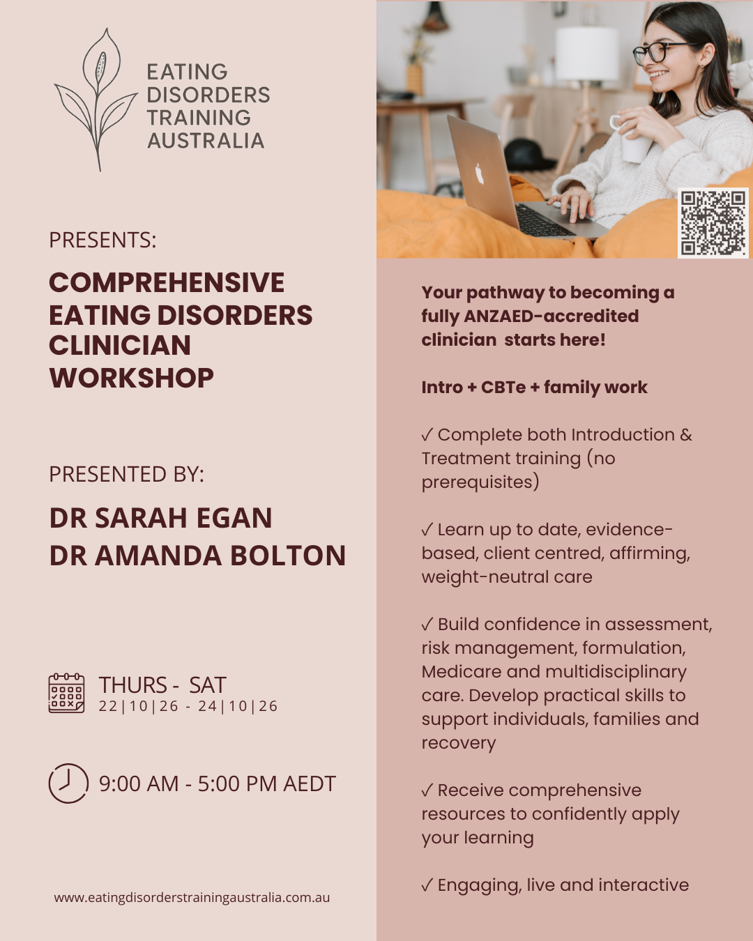 A promotional flyer for an eating disorders clinician workshop features text and a logo on the left and a photo of a woman with a laptop and coffee in a cozy room on the right.