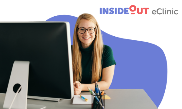 A smiling woman with glasses sits behind a computer monitor and desk in the foreground, set against a white background with a purple abstract shape and "INSIDE OUT eClinic" text.