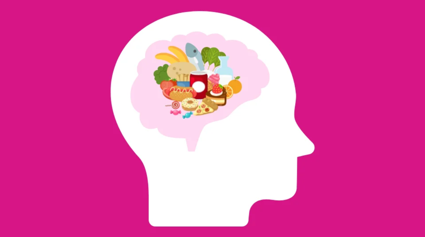 A white silhouette of a human head containing a brain filled with various food items is set against a solid pink background.