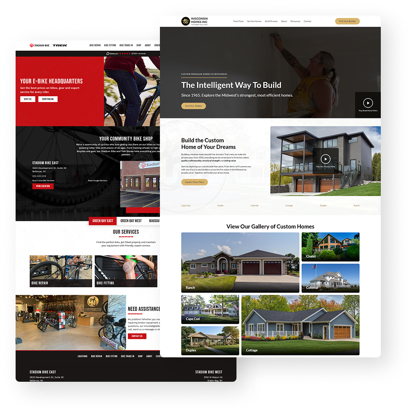 Custom homepage examples from Wisconsin Homes and Stadium Bike