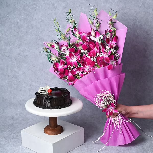 Bouquet of Orchids & Roses, Cake & Chocolate