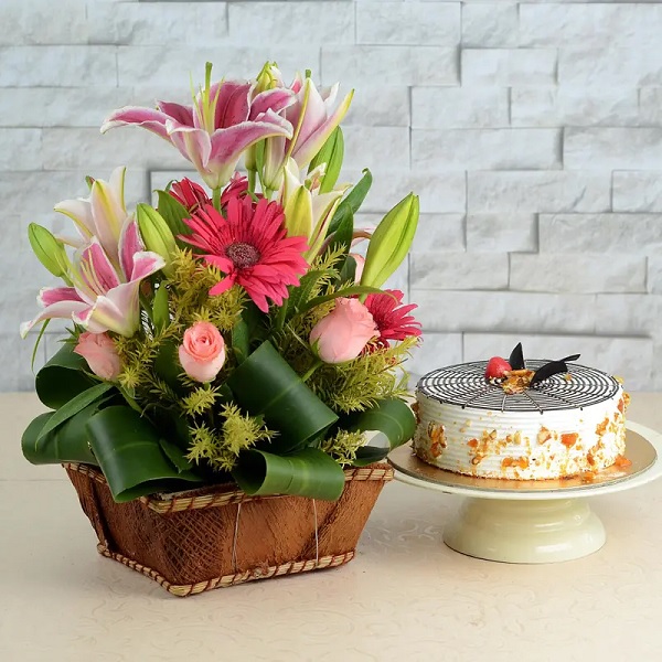 Order Cute Floral Basket and Cake online free delivery in 3 hours