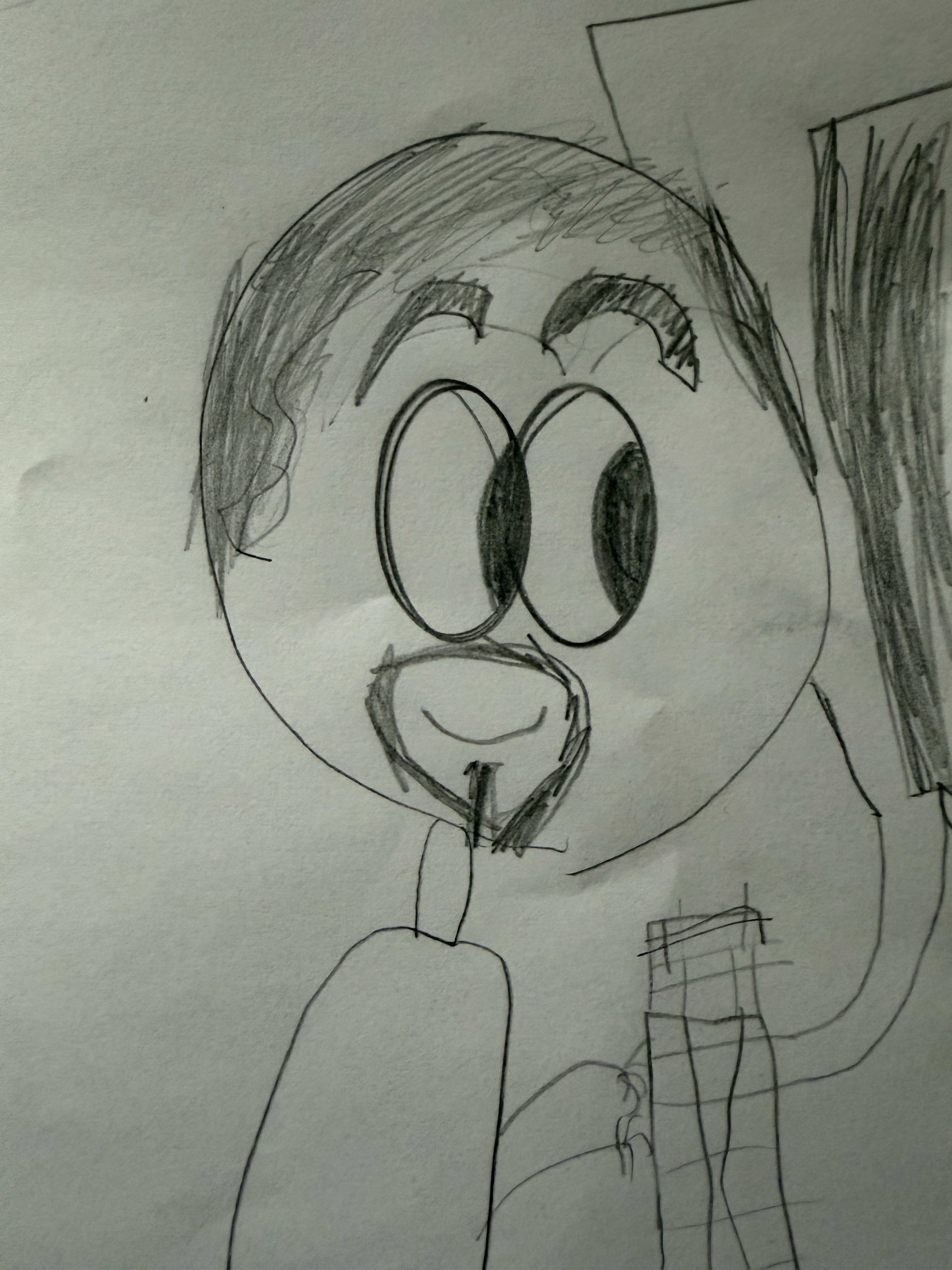 A child’s drawing of Mike, a goateed guy with a giant head and huge eyes, sitting at a computer.