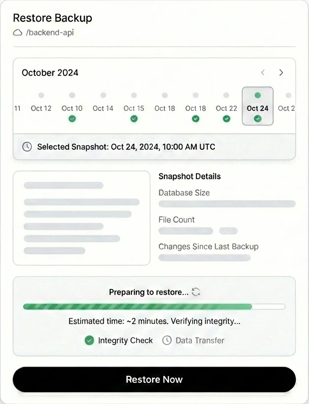 Restore interface showing backup timeline and one-click restore