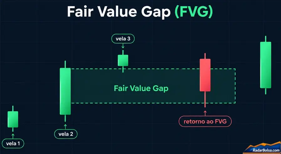 Fair Value Gap: a vela do meio deixa um intervalo de preço sem negociação, que o mercado tende a revisitar