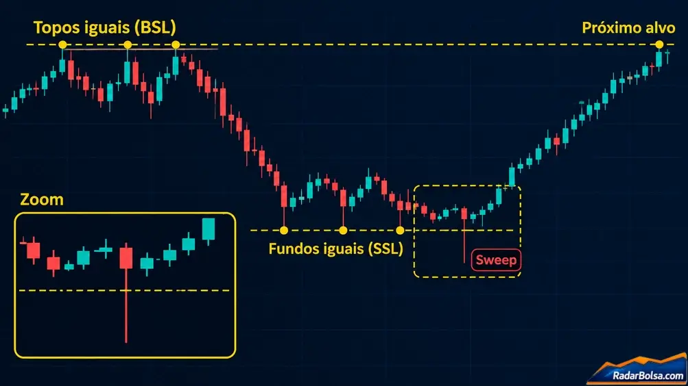 Gráfico com fundos iguais varridos por um pavio e preço seguindo até os topos iguais