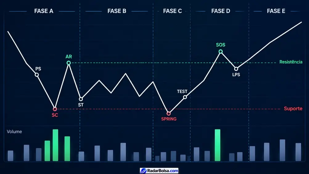 Esquema de acumulação de Wyckoff com as fases A a E e os eventos PS, SC, AR, ST, Spring, Test, SOS e LPS, com volume correspondente
