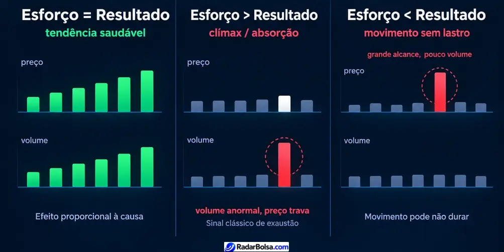 Comparação entre três padrões de preço e volume: esforço igual ao resultado, esforço maior que o resultado, e esforço menor que o resultado