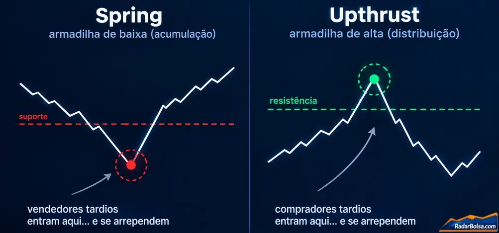 Comparação entre um Spring, armadilha de baixa na acumulação, e um Upthrust, armadilha de alta na distribuição
