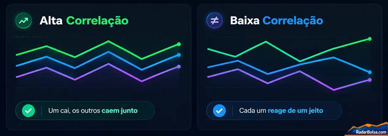 Gráfico comparando ativos com alta correlação, que se movem juntos, e ativos com baixa correlação, que se movem de forma independente