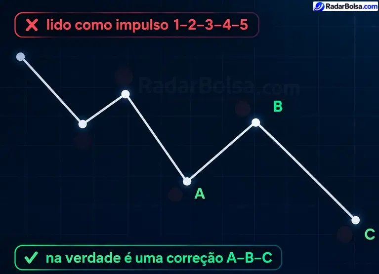 Erro comum: rotular uma correção de 3 ondas como se fosse um impulso de 5. A mesma sequência de preços pode ser mal interpretada como um impulso 1-2-3-4-5 quando na verdade é uma correção A-B-C, na qual a onda A tem sua própria sub-estrutura interna.