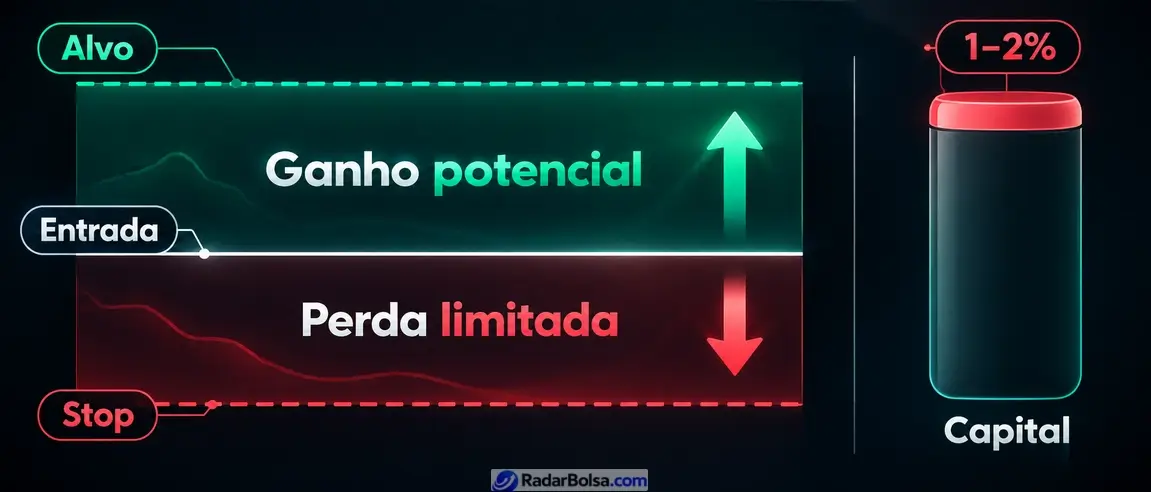 Esquema de risco por operação: acima da entrada fica o alvo, com o ganho potencial; abaixo, o stop, que limita a perda. O risco de cada operação equivale a 1% a 2% do capital.