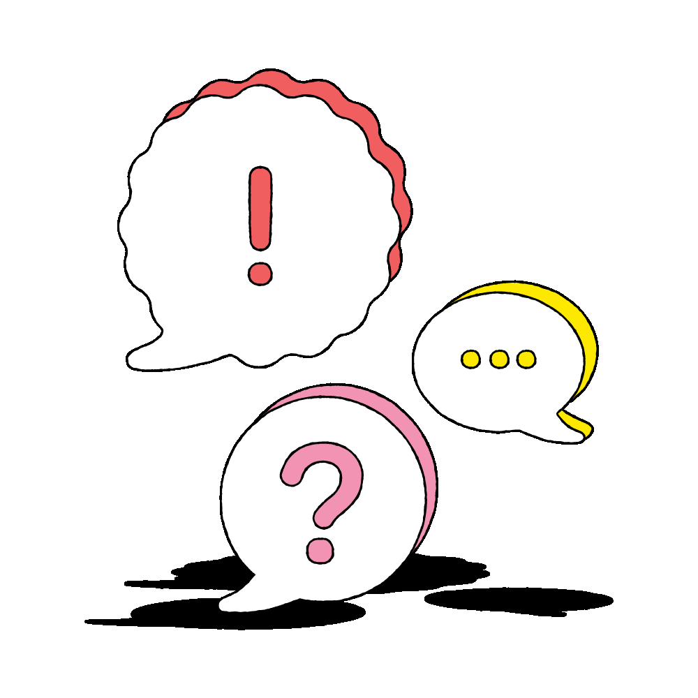 Animated illustration of several thought bubbles in the lower right
