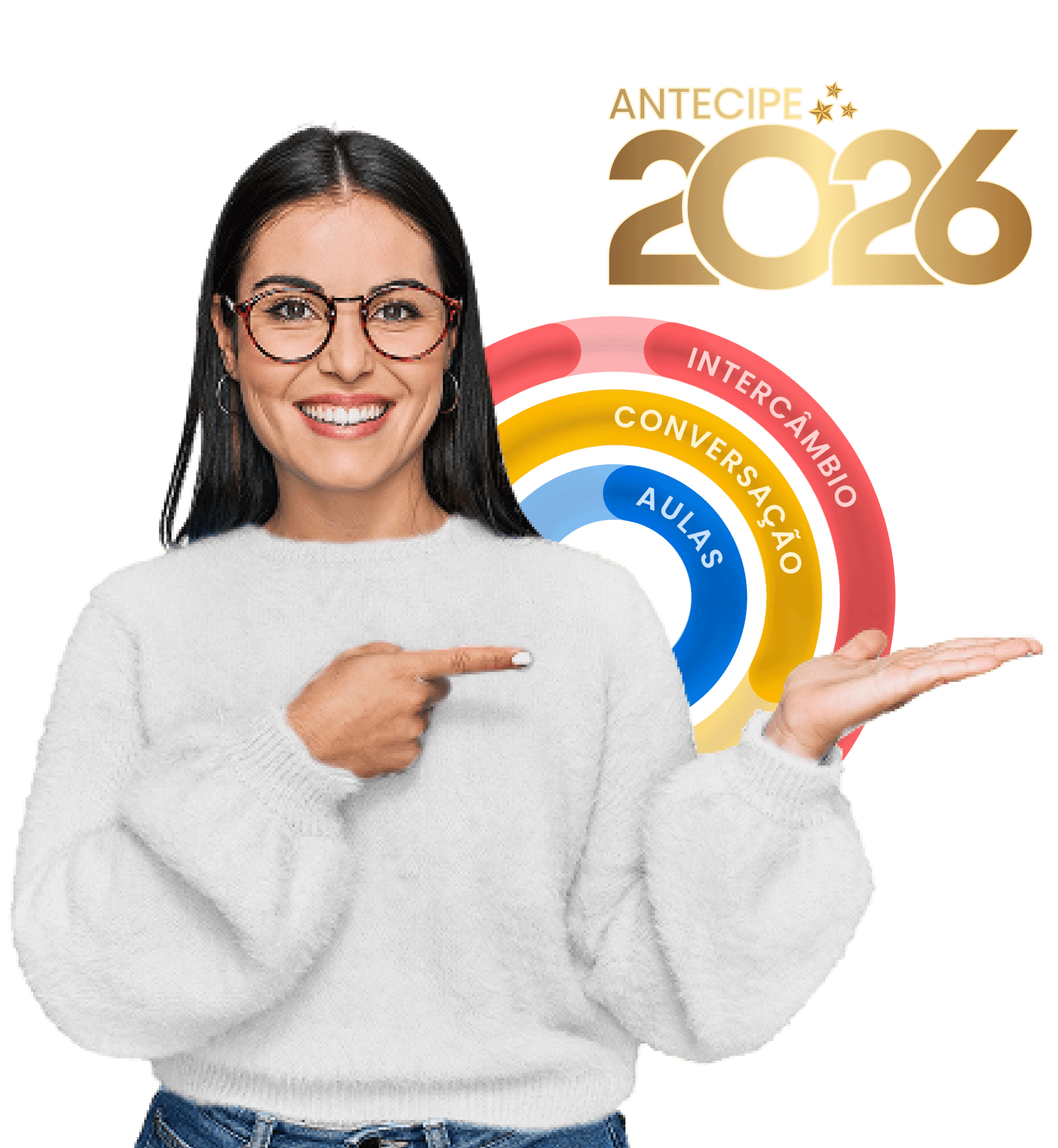 Mulher de óculos, sorrindo e apontando para a direita.