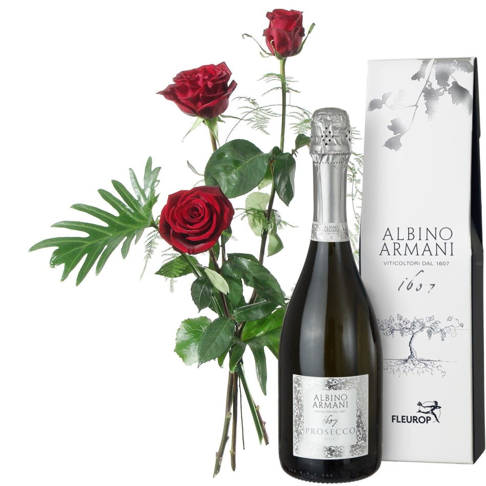 3 Red Roses with greenery and Prosecco Albino Armani DOC 75cl : Order  Flowers Online | Interflora India