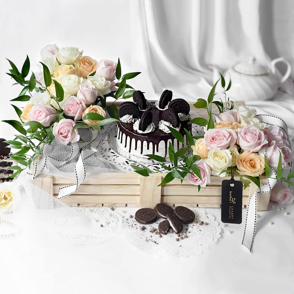 Online 1 Kg Chocolate Cake With Birthday Flower Arrangement Gift Delivery  in Qatar - FNP