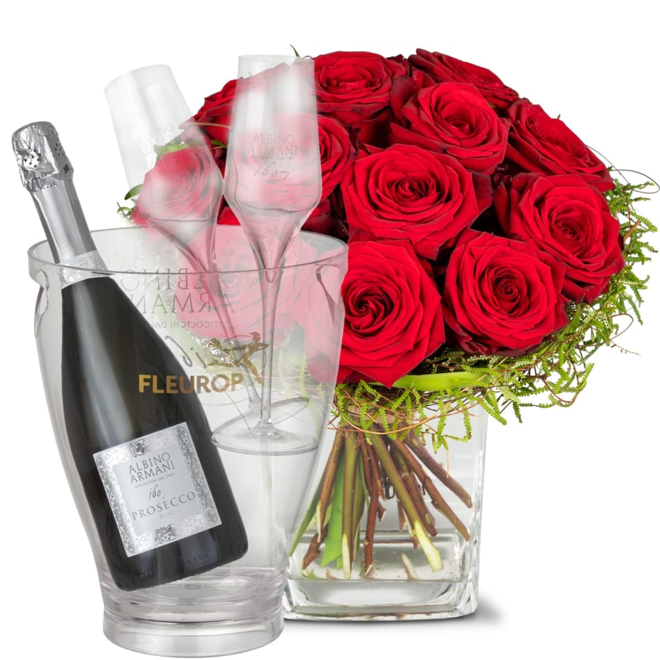 Small Pearl of Roses, with Prosecco Albino Armani DOC 75 cl , incl. ice  bucket and two sparkling wi: Order Flowers Online | Interflora India