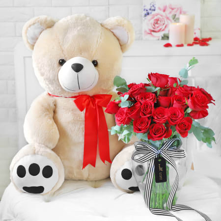 Flowers with Teddy Bear Online Order Soft Toys and Flowers Combo