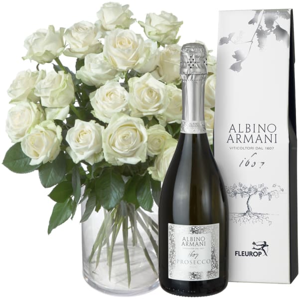 24 White Roses with Prosecco Albino Armani DOC 75cl : Order Flowers Online  | Interflora India