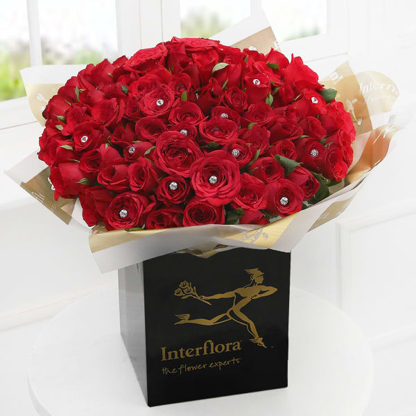 Dazzling 100 Red Roses Hand Tied Order Anniversary