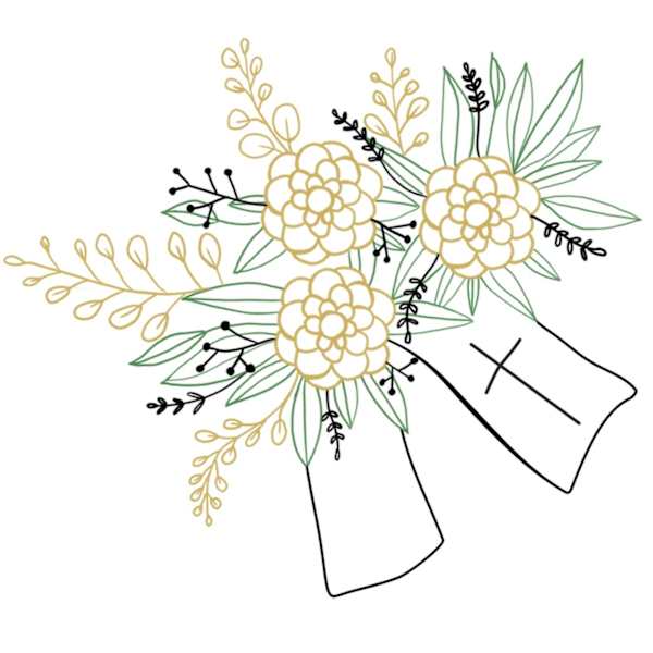 Funeral spray and arrangement with ribbon