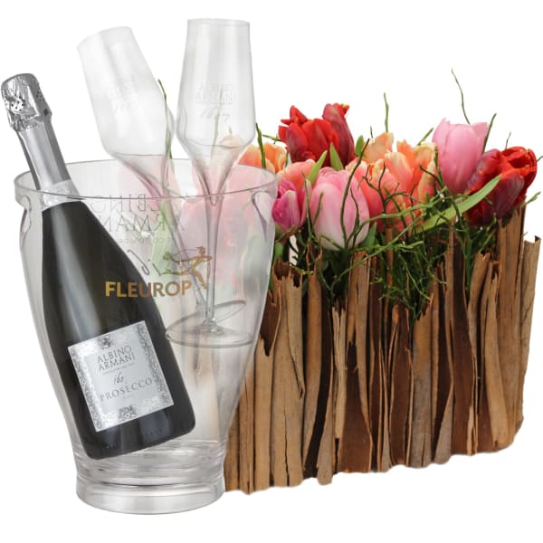 Stylish Miniature Tulip Garden with Prosecco Albino Armani DOC 75 cl ,  incl. ice bucket and two spa: Order Flowers Online | Interflora India