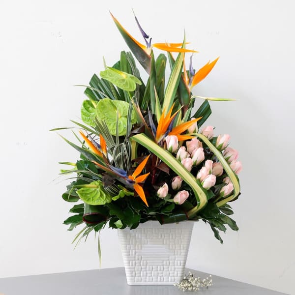 Tropicals anthiriums and roses arrangement