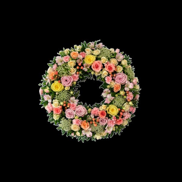 Wreath seasonal flowers with ribbon 240170