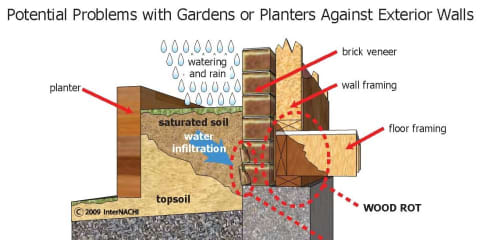 Problems with gardens and planters against exterior walls.