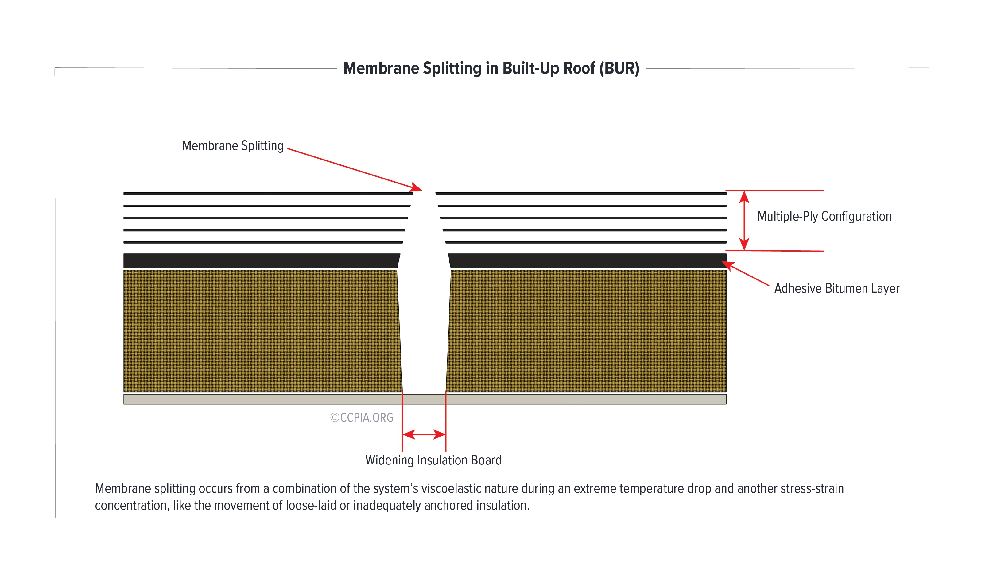 Membrane Splitting in Built-Up Roof (BUR): Membrane splitting occurs from a combination of the system's viscoelastic nature during an extreme temperature drop and another stress-strain concentration.