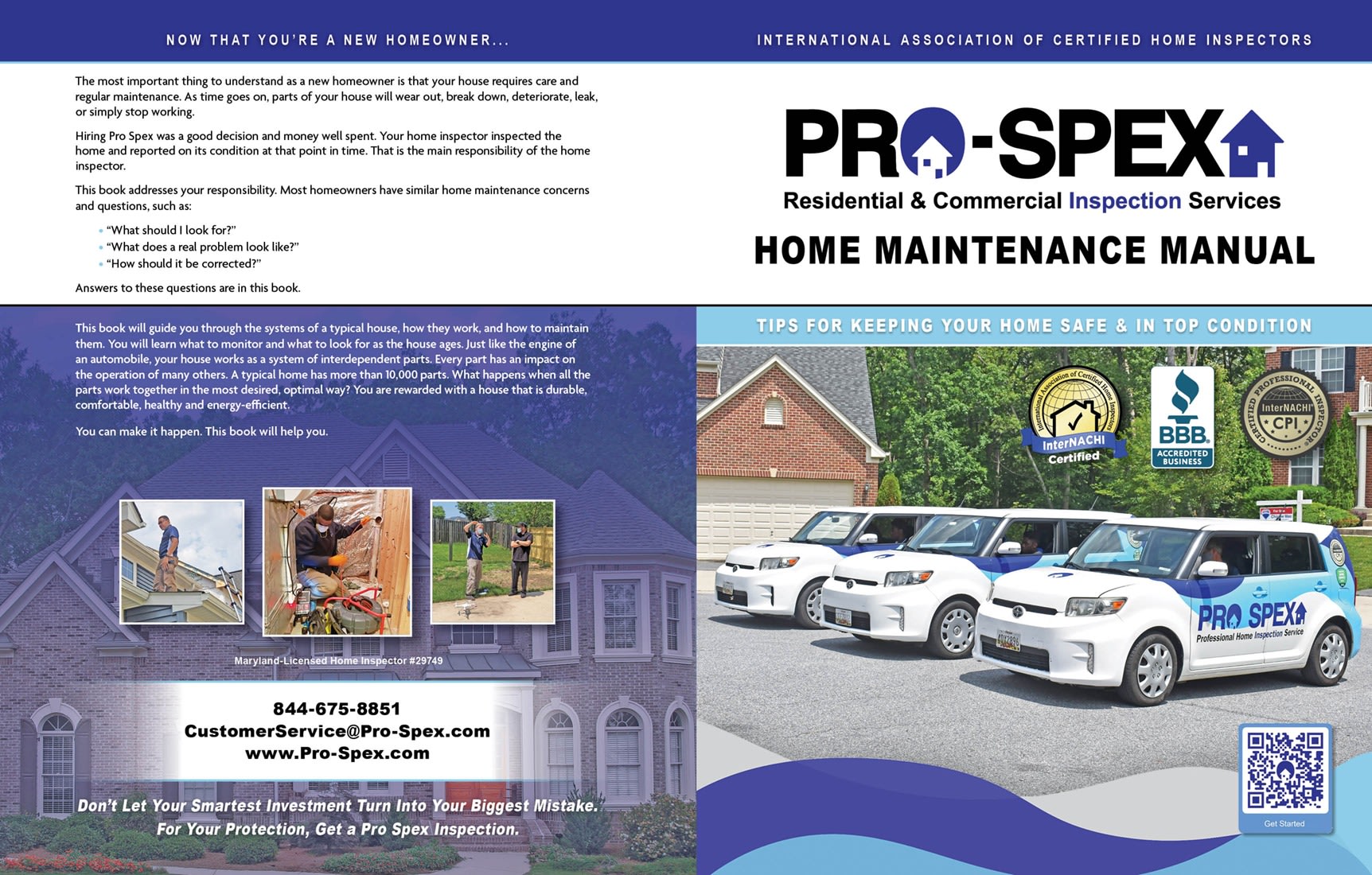 Pro-Spex Custom Home Maintenance Book. Impress your clients with a custom home maintenance book for your business!
InterNACHI’s best-selling home maintenance book “Now That You’ve Had a Home Inspection” is a favorite with our members. Real estate agents rave about it, and clients – especially first-time home buyers – are happily surprised when they receive one with their inspection report. It’s an add-on that adds serious value to your services, and it’s a keeper that will bring you repeat business.

Get your books customized especially for your home inspection company. We can design the front and back covers to your specs using your logo and contact information, and anything else you’d like, including photos. They’re also available in special versions for Spanish-speaking clients and for homeowners in Florida.

Give your clients peace of mind knowing they’ll have the answers at their fingertips about how to maintain their new home, and that they can contact you when they need you without having to look for your business card.

Learn more about customizing InterNACHI’s home maintenance book by visiting www.nachi.org/now.