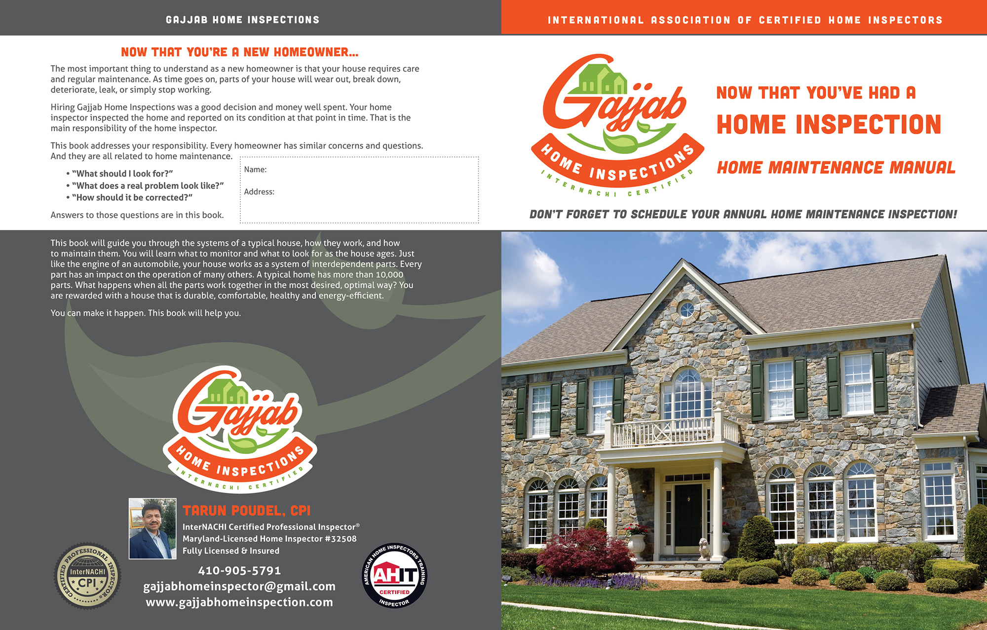 Custom Home Maintenance Book for Gajjab Home Inspections.