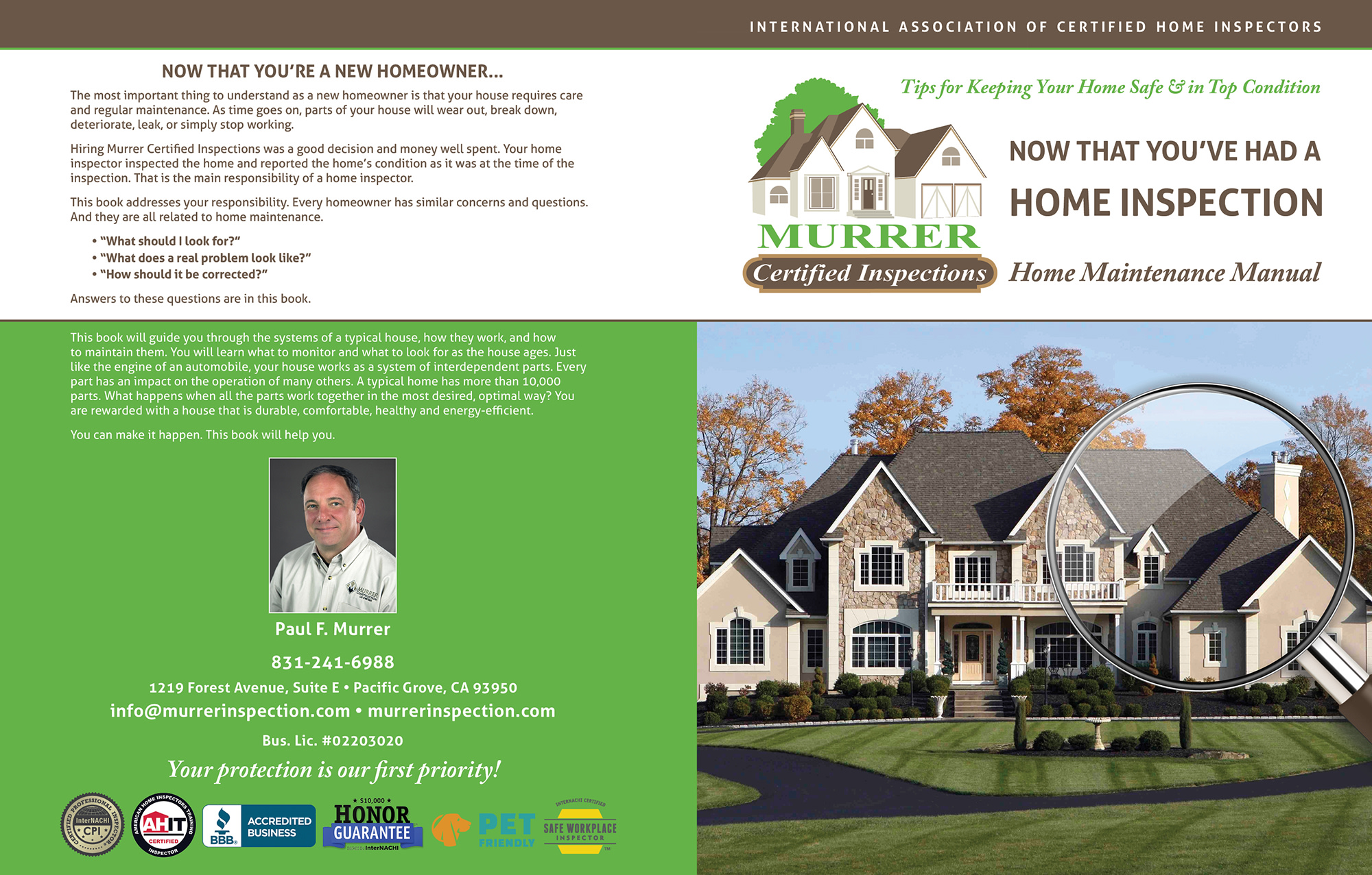 Custom Home Maintenance Book for Murrer Certified Inspections.