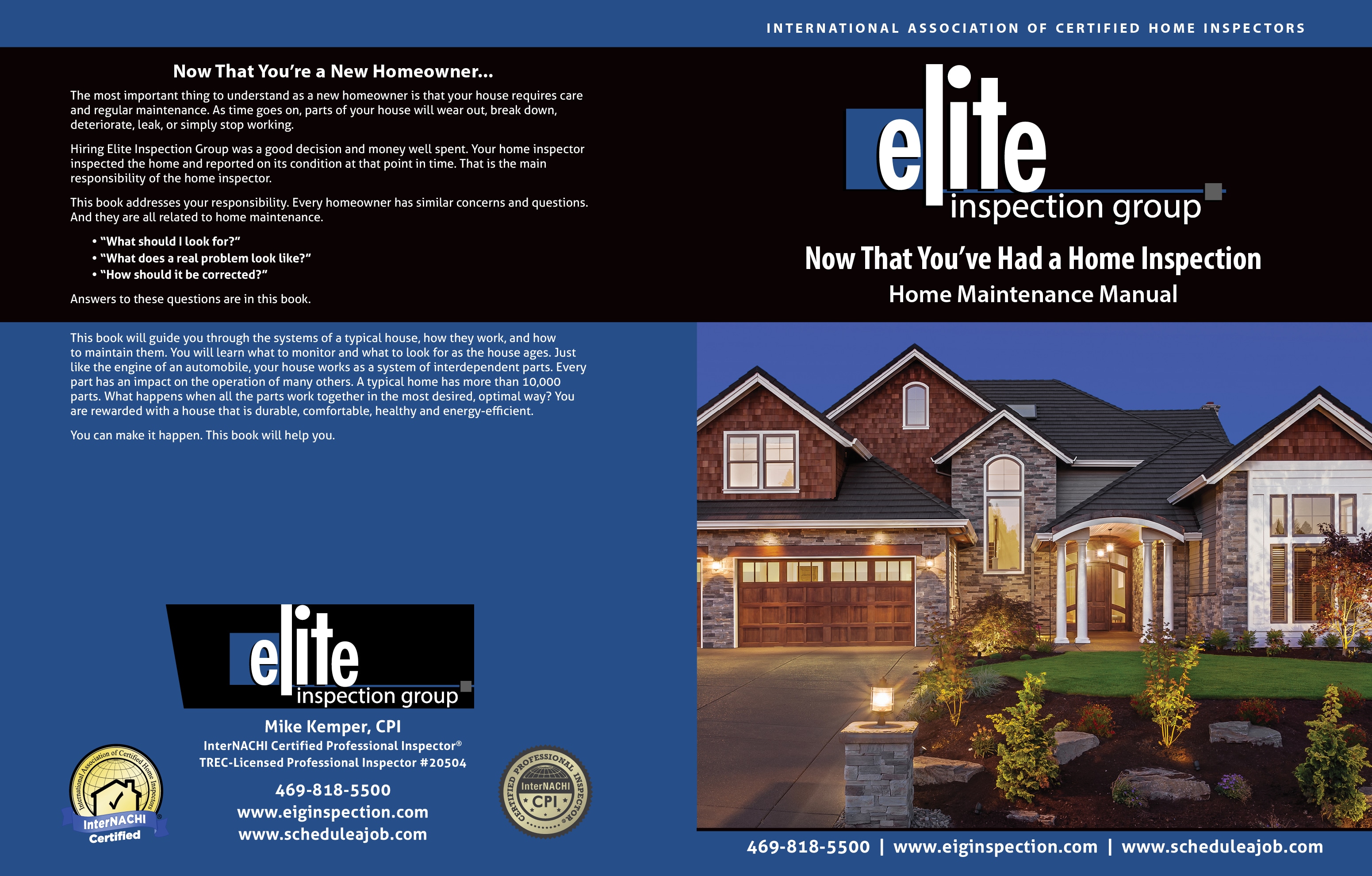 Custom Home Maintenance Book for Elite Inspection Group