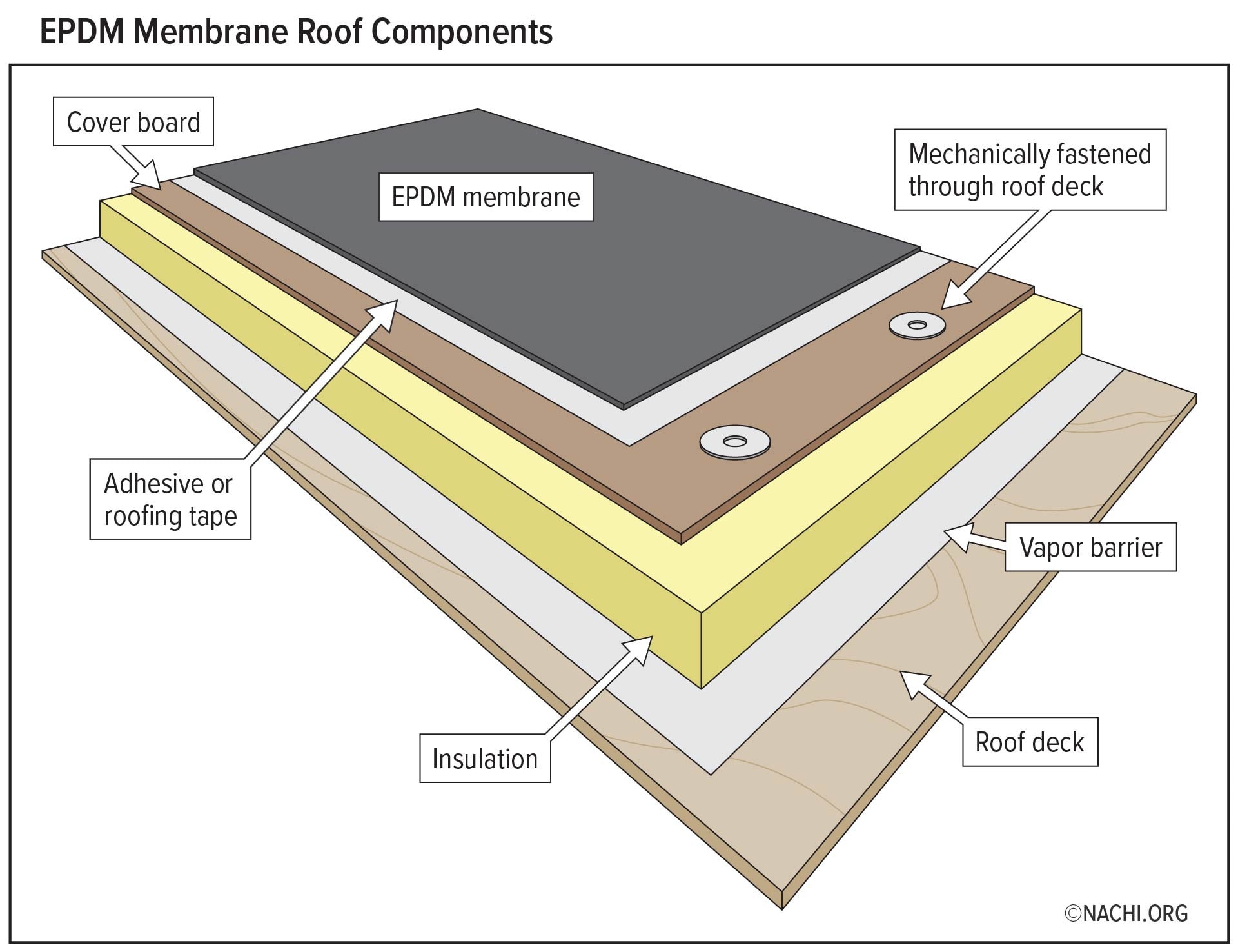 EPDM (ethylene propylene diene monomer) is a synthetic rubber membrane with elastic properties 
commonly used to cover low-slope roofs on both residential homes and commercial structures. Its 
manufacturing includes the use of cross-linked polymers (custom-designed molecules that bond at 
the atomic level) to greatly increase elasticity, strength, and durability. EPDM is a single-ply roofing 
system, as opposed to a built-up membrane consisting of multiple layers bonded together.