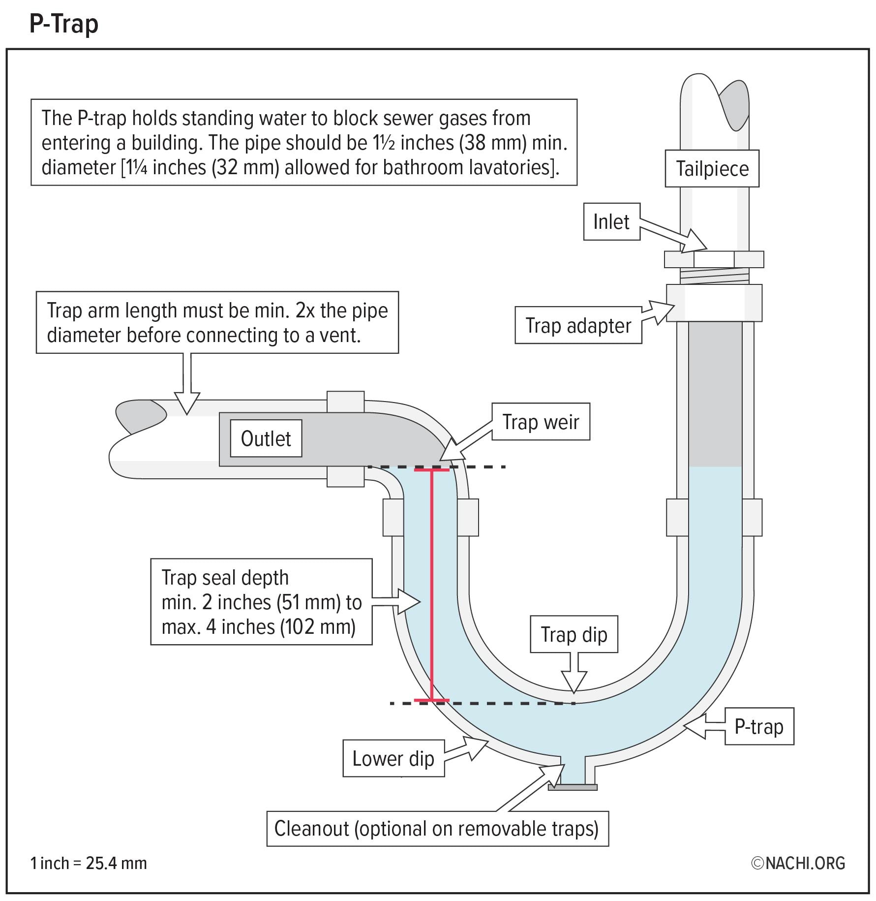 trap (or water seal) keeps sewer gases from emanating out of the drainage system. A trap is a simple U-shaped pipe arrangement.  The shape offers minimal resistance to the flow.  The water seal prevents sewer gases and airborne bacteria from entering the interior air of the building. 

The only type of fixture trap permitted is the P-trap.  All other types, including bell traps, drum traps, S-traps, and traps with moving parts, are prohibited. 

Traps shall have a water seal of at least 2 inches and, at most, 4 inches in depth.  Traps for floor drains should be fitted with a trap primer or should be of the deep-seal design.  Traps should be level with respect to the water seal. Traps should be protected from freezing.  Trap seals should be protected from siphonage, aspiration, and back-pressure by an approved venting system.