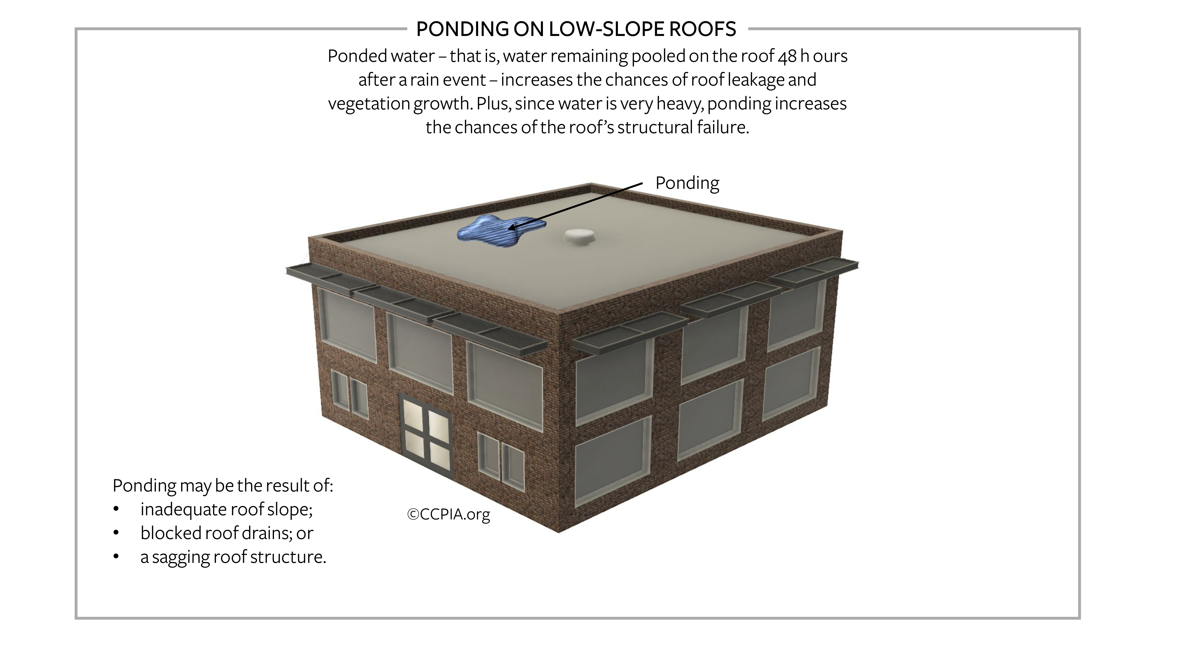 Ponding on a commercial roof.  Flat or low-slope.