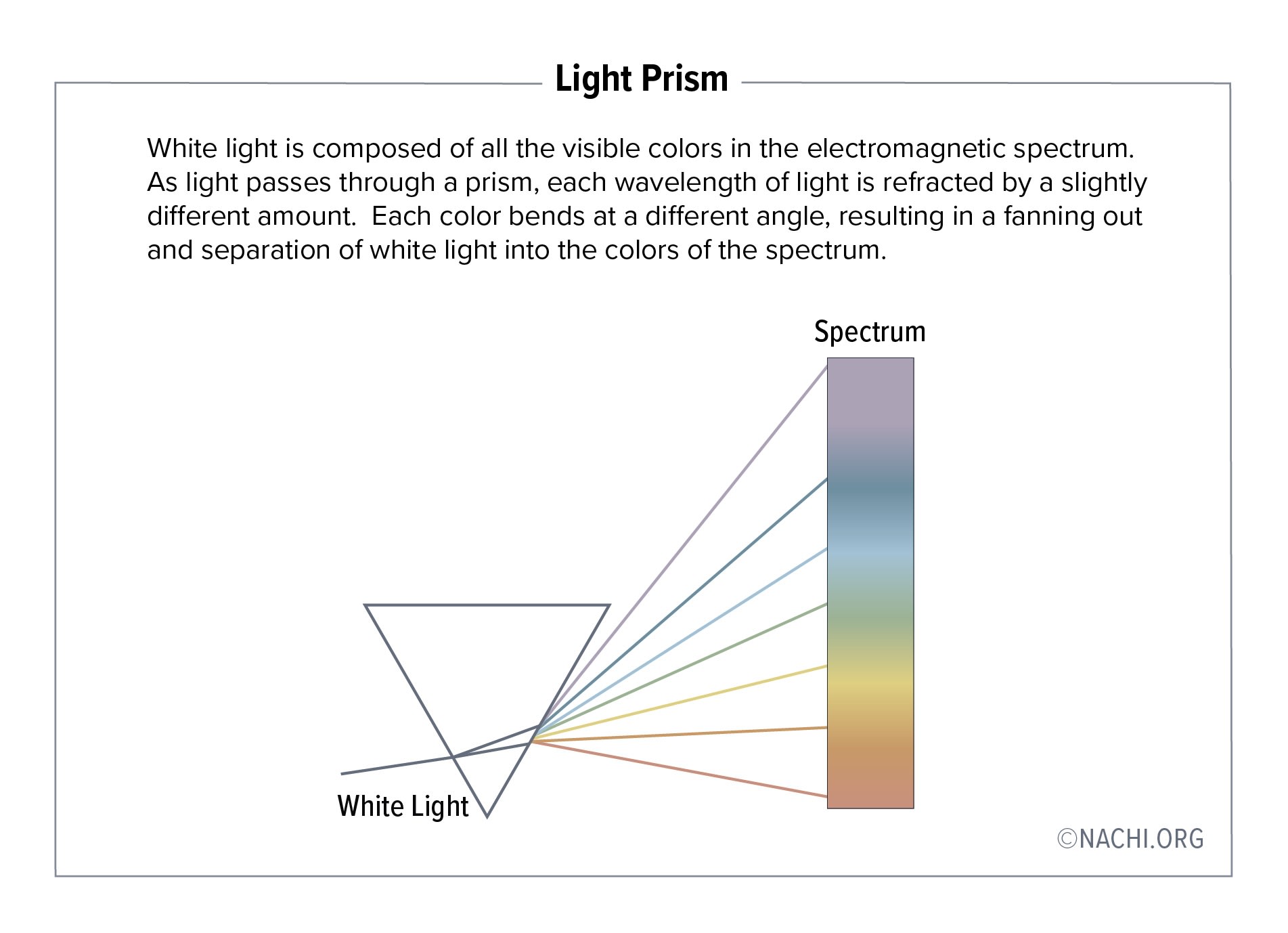 White light is composed of all the visible colors in the electromagnetic spectrum. As light passes through a prism, each wavelength of light is refracted by a slightly different amount. Each color bends at a different angle, resulting in a fanning out and separation of white light into the colors of the spectrum.