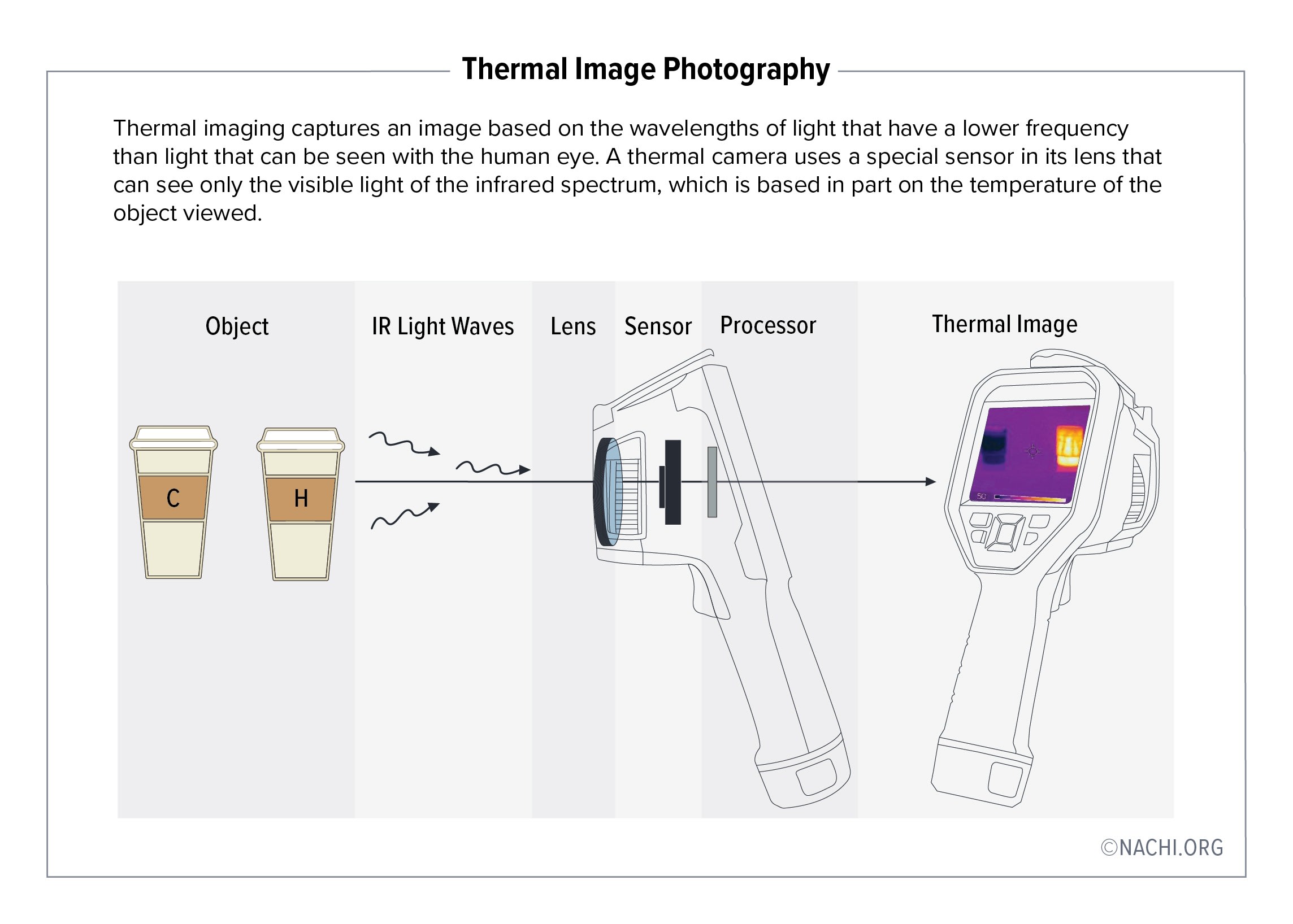 Thermal imaging captures an image based on the wavelengths of light that have a lower frequency than light that can be seen with the human eye. A thermal camera uses a special sensor in it's lens that can see only the visible light of the infrared spectrum, which is based in part on the temperature of the objected viewed.