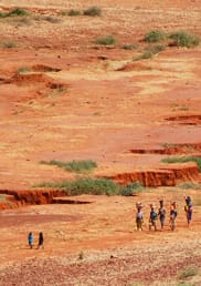 People walking through the landscape of the Sahel.