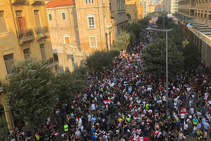 A crowd protesting in Lebanon