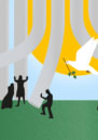 Cover of the research paper, Breaking the gender trap, depicting the outlines of people pulling back vertical bars to allow them and a dove carrying an olive branch to move towards the sun.