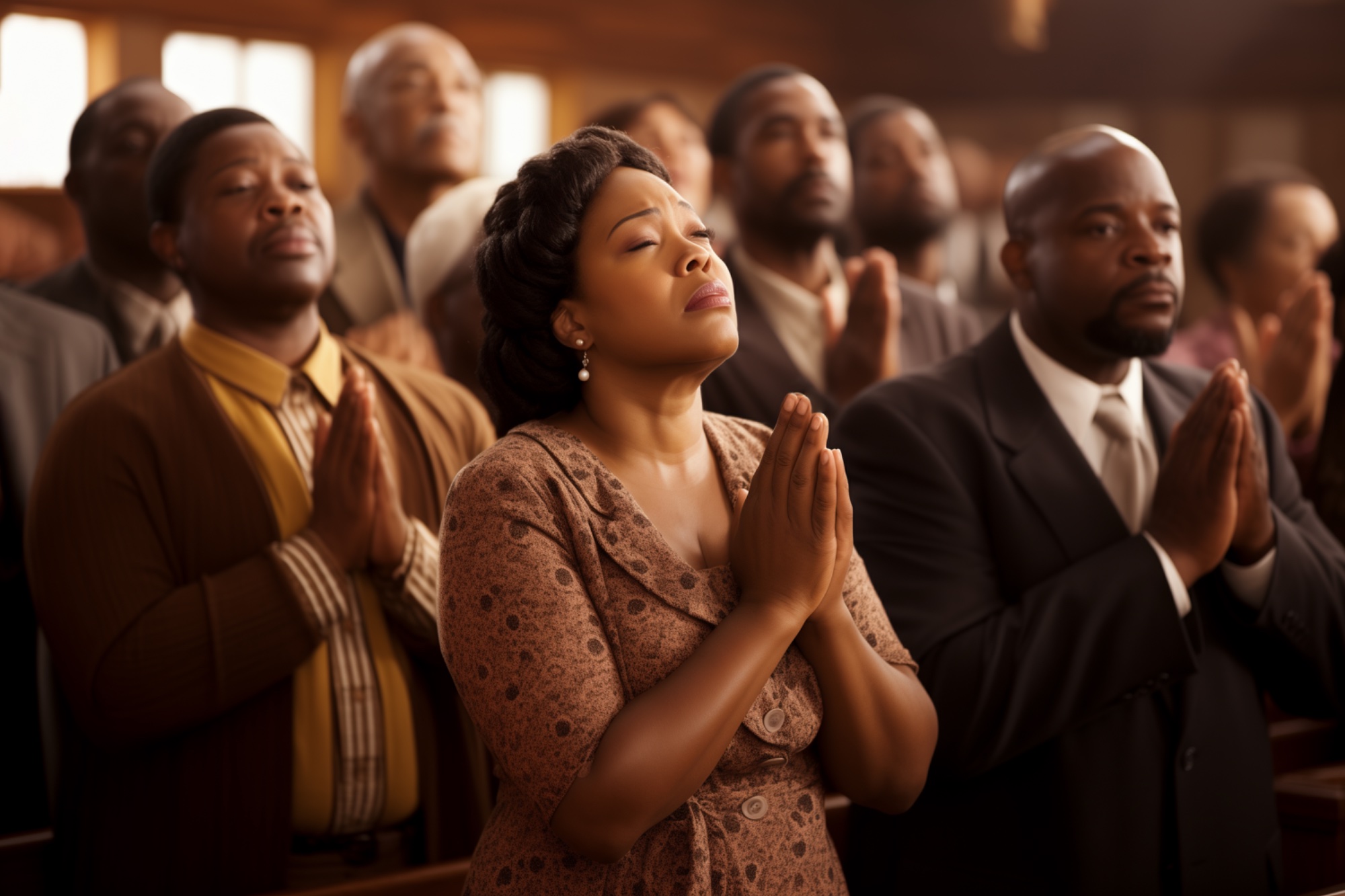 Congregation praying together in church